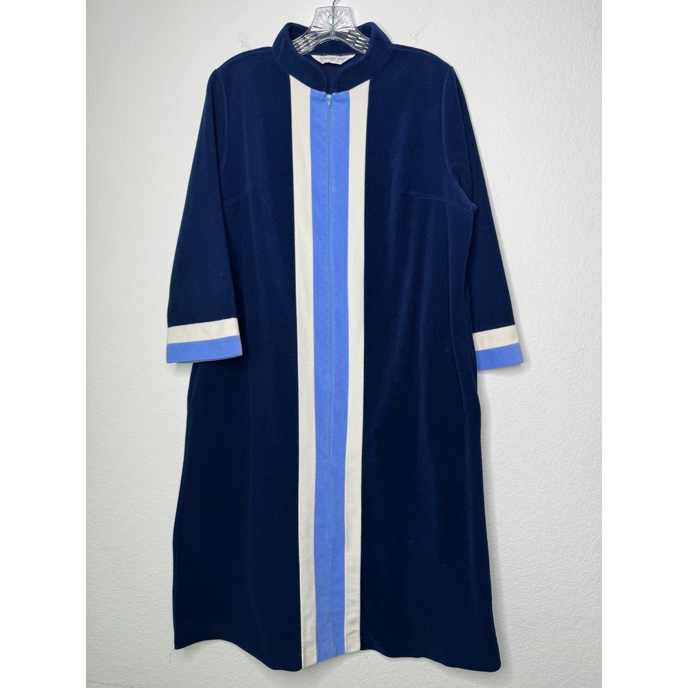 Vintage Vanity Fair Navy Blue Velour Zip Front Robe Colorblock Stripe‎ Women's M